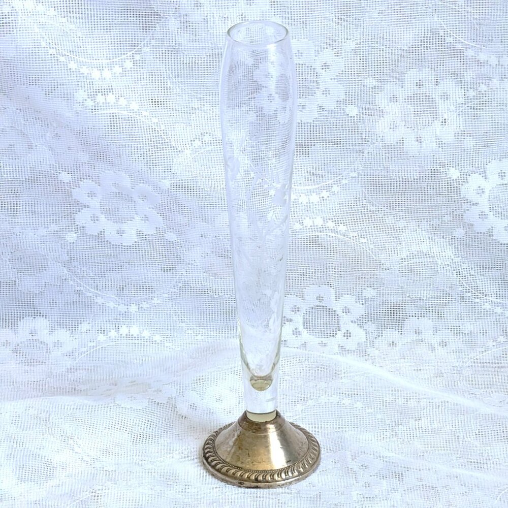 Duchin Creation Floral Etched Glass Weighted Sterling Silver Base Bud Vase 9.5"